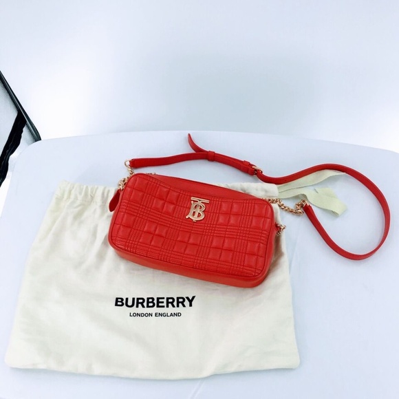 Burberry Handbags - Burberry Lola Bag Bright Red Leather Quilted Check Gold Chain Strap Small